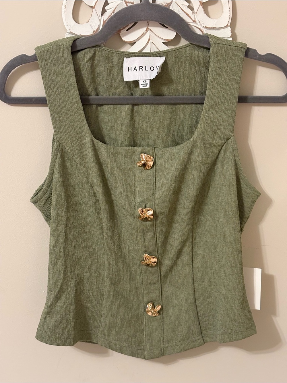 Harlow Olive Green Ribbed Tank with Gold Leaf Buttons